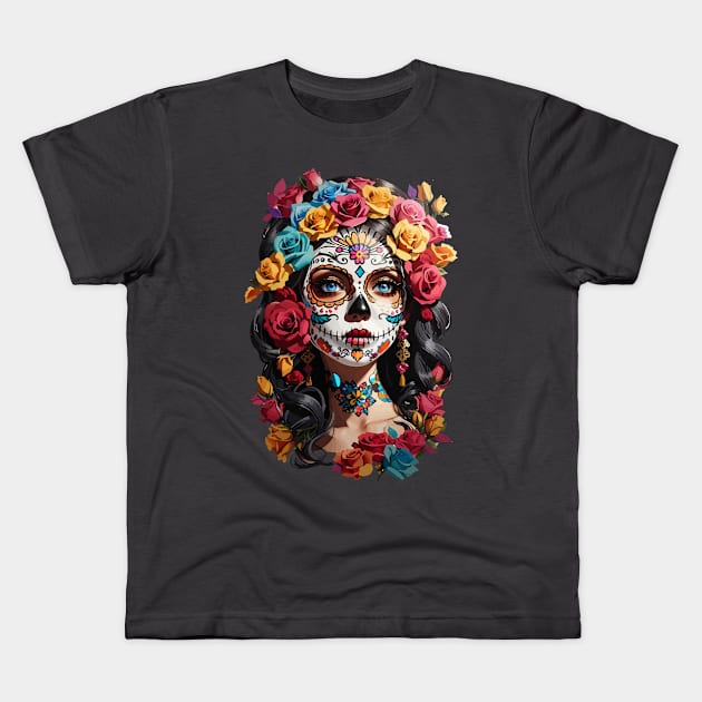 Sugar Skull girl, Dia de los Muertos Kids T-Shirt by CatCoconut-Art